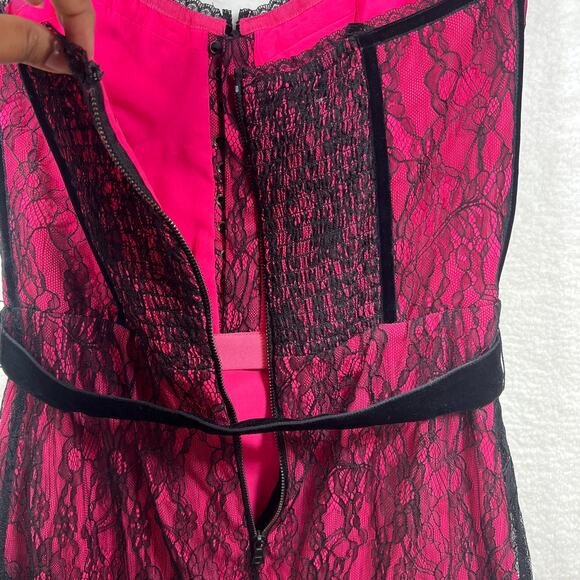 Alice + Olivia Pink Black Lace Bustier Corset Ruffle Belted Mini Dress Sz 6 NWT - Picture 9 of 16